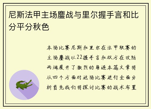 尼斯法甲主场鏖战与里尔握手言和比分平分秋色