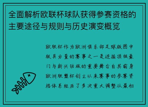 全面解析欧联杯球队获得参赛资格的主要途径与规则与历史演变概览